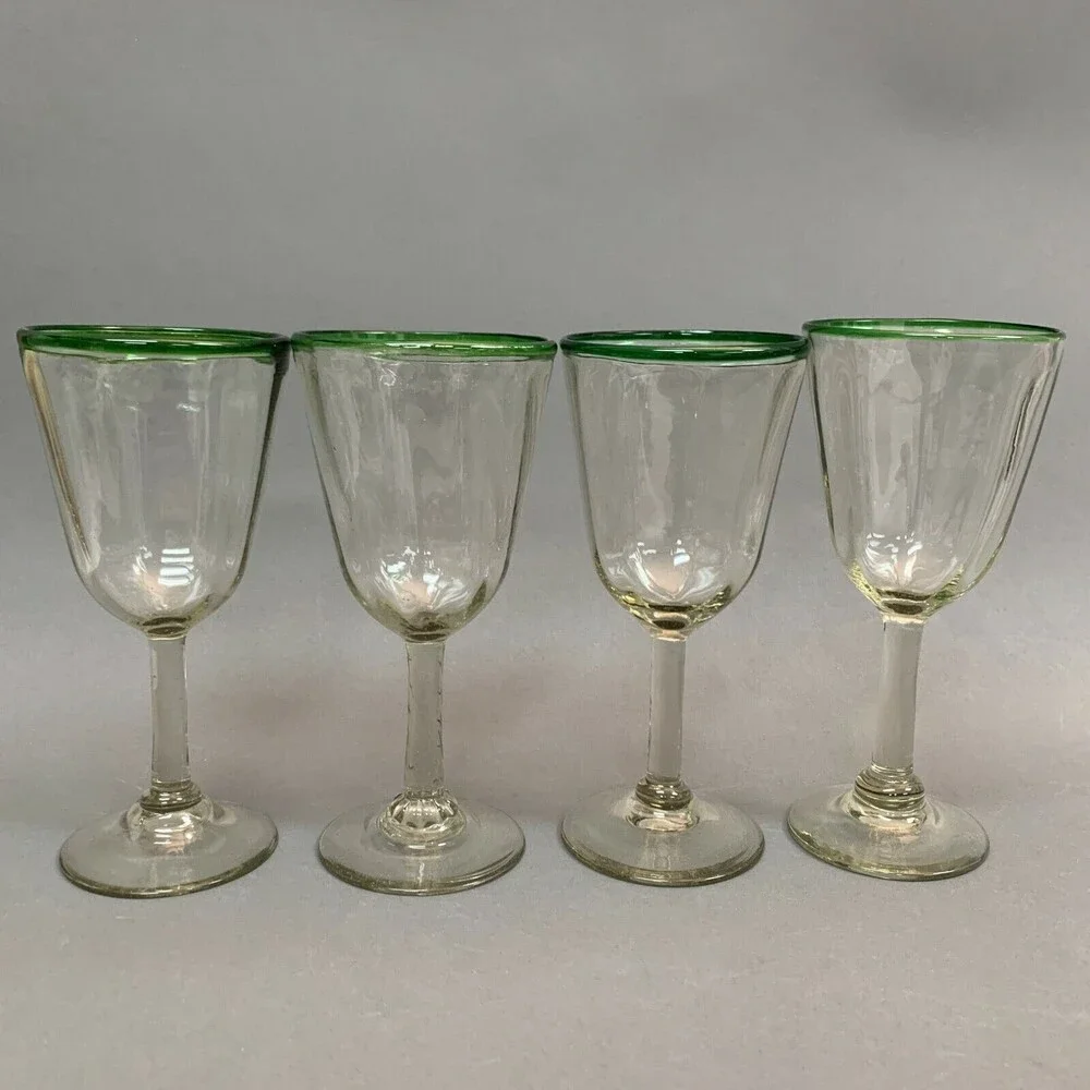 Clear Glass Green Trim Blown Glasses Mexico? Lot of 4